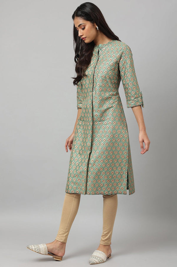 Green Glitter Printed kurta In Mandarin Collar