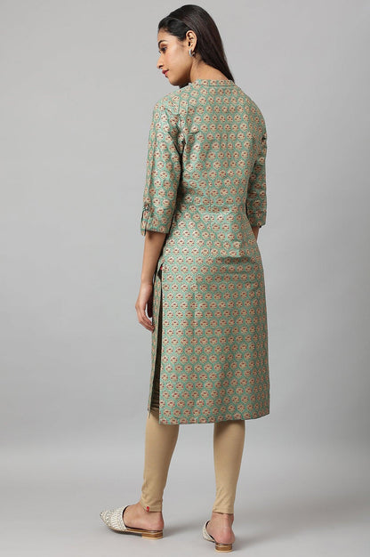 Green Glitter Printed kurta In Mandarin Collar - wforwoman