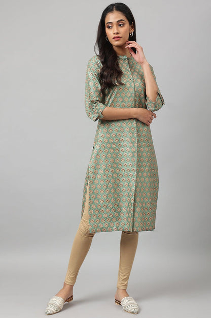 Green Glitter Printed kurta In Mandarin Collar - wforwoman