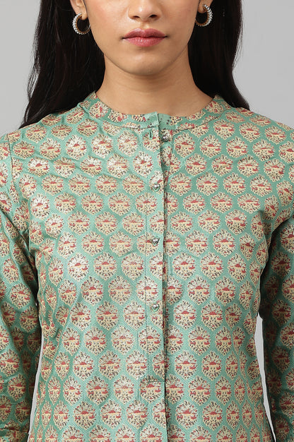 Light Green Floral Printed Beads Shantung Straight Kurta and Slim Pant Set