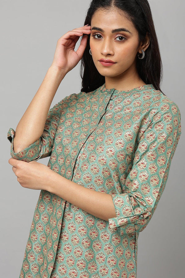 Green Glitter Printed kurta In Mandarin Collar