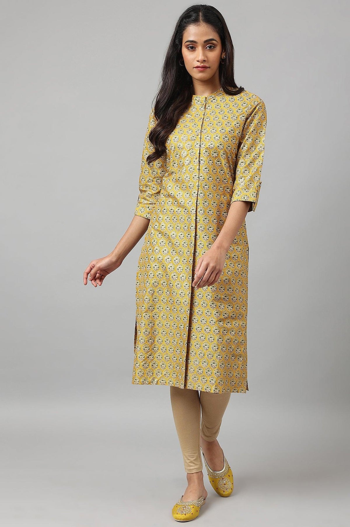 Mustard Glitter Printed kurta In Mandarin Collar - XS