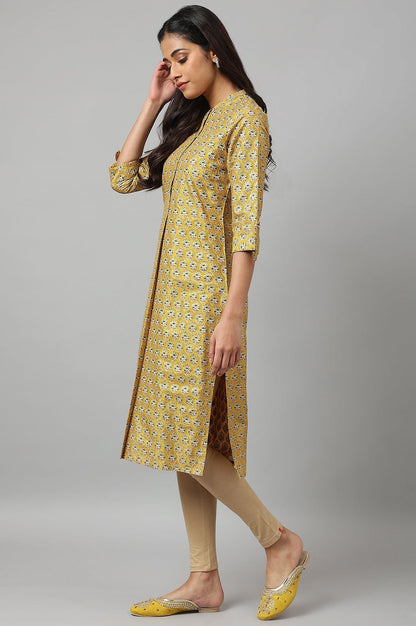 Mustard Glitter Printed kurta In Mandarin Collar - wforwoman