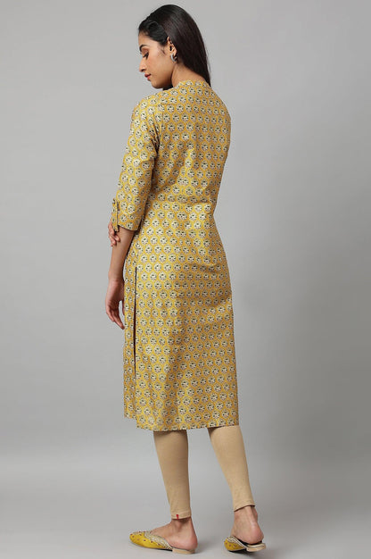 Mustard Glitter Printed kurta In Mandarin Collar - wforwoman