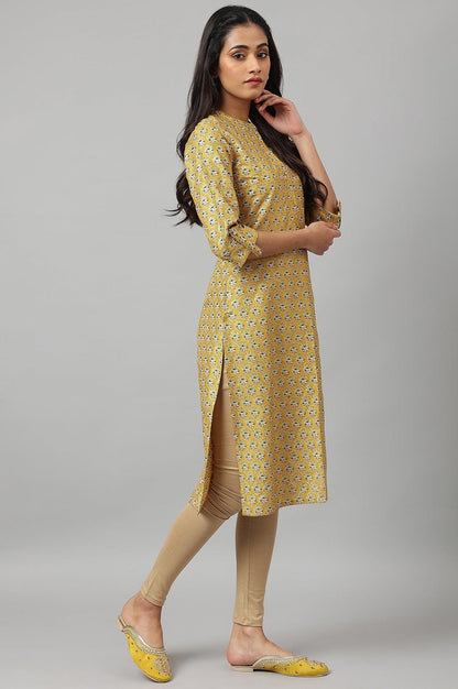Mustard Glitter Printed kurta In Mandarin Collar - wforwoman