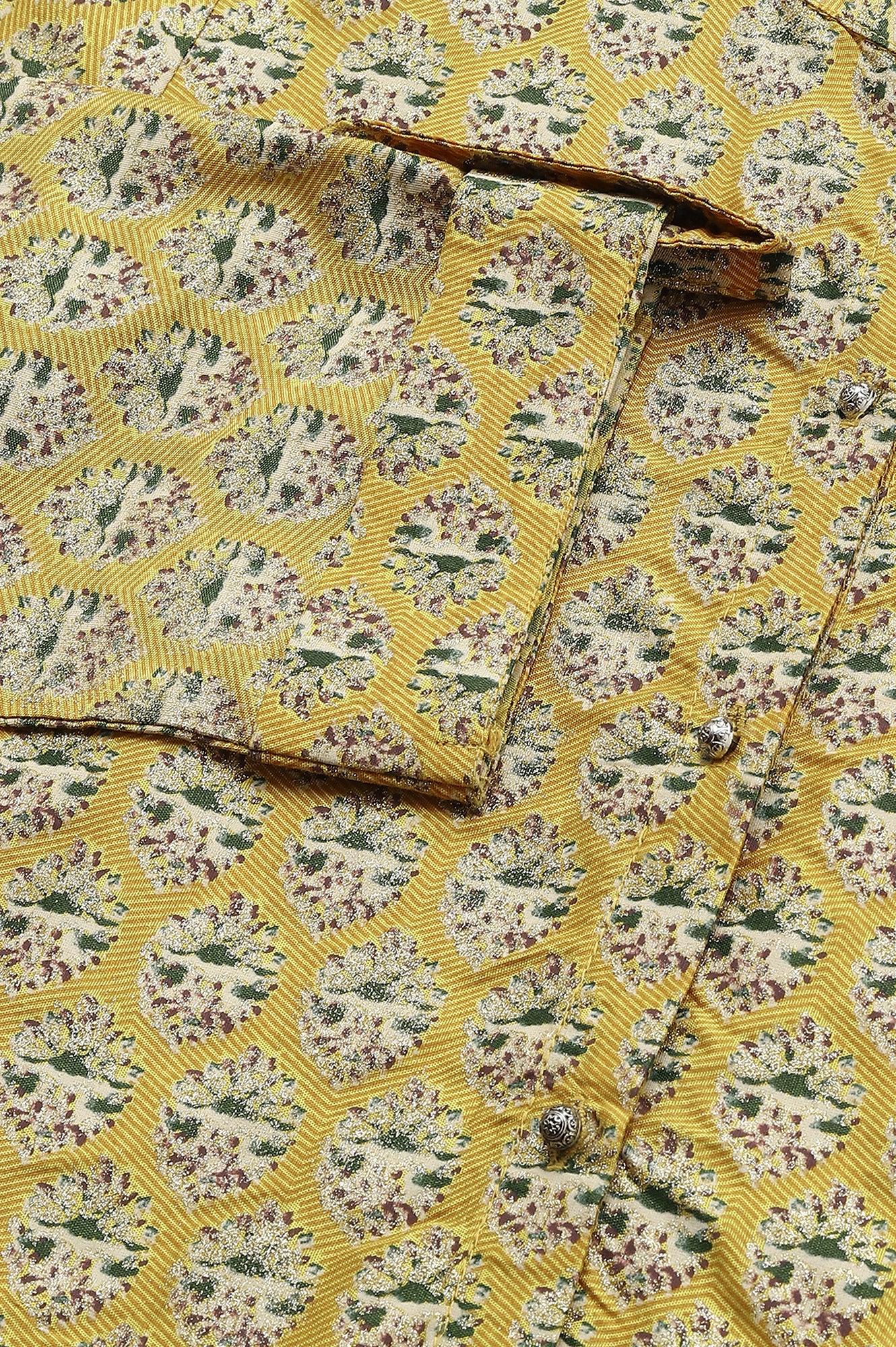 Mustard Glitter Printed kurta In Mandarin Collar - wforwoman