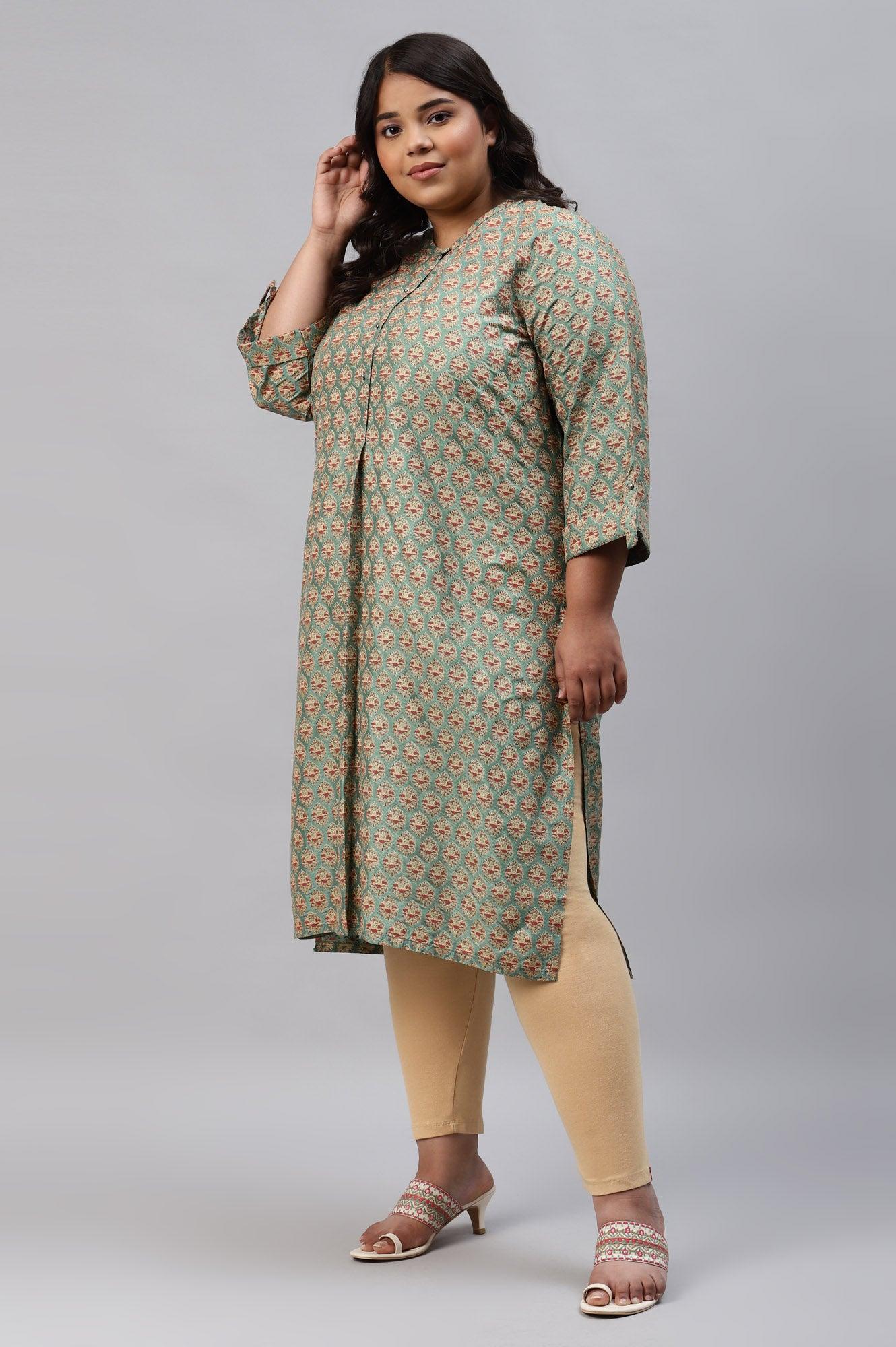 Green Glitter Printed Plus Size kurta In Mandarin Collar - wforwoman