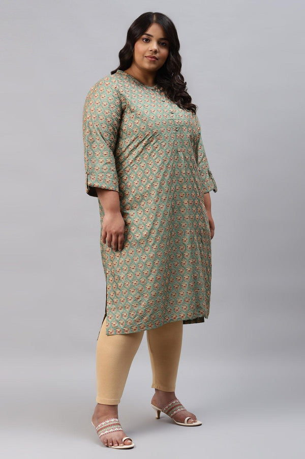 Green Glitter Printed Plus Size kurta In Mandarin Collar