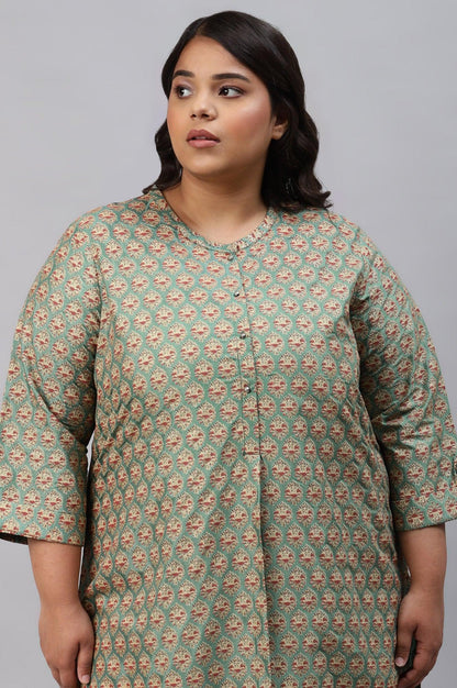 Green Glitter Printed Plus Size kurta In Mandarin Collar - wforwoman