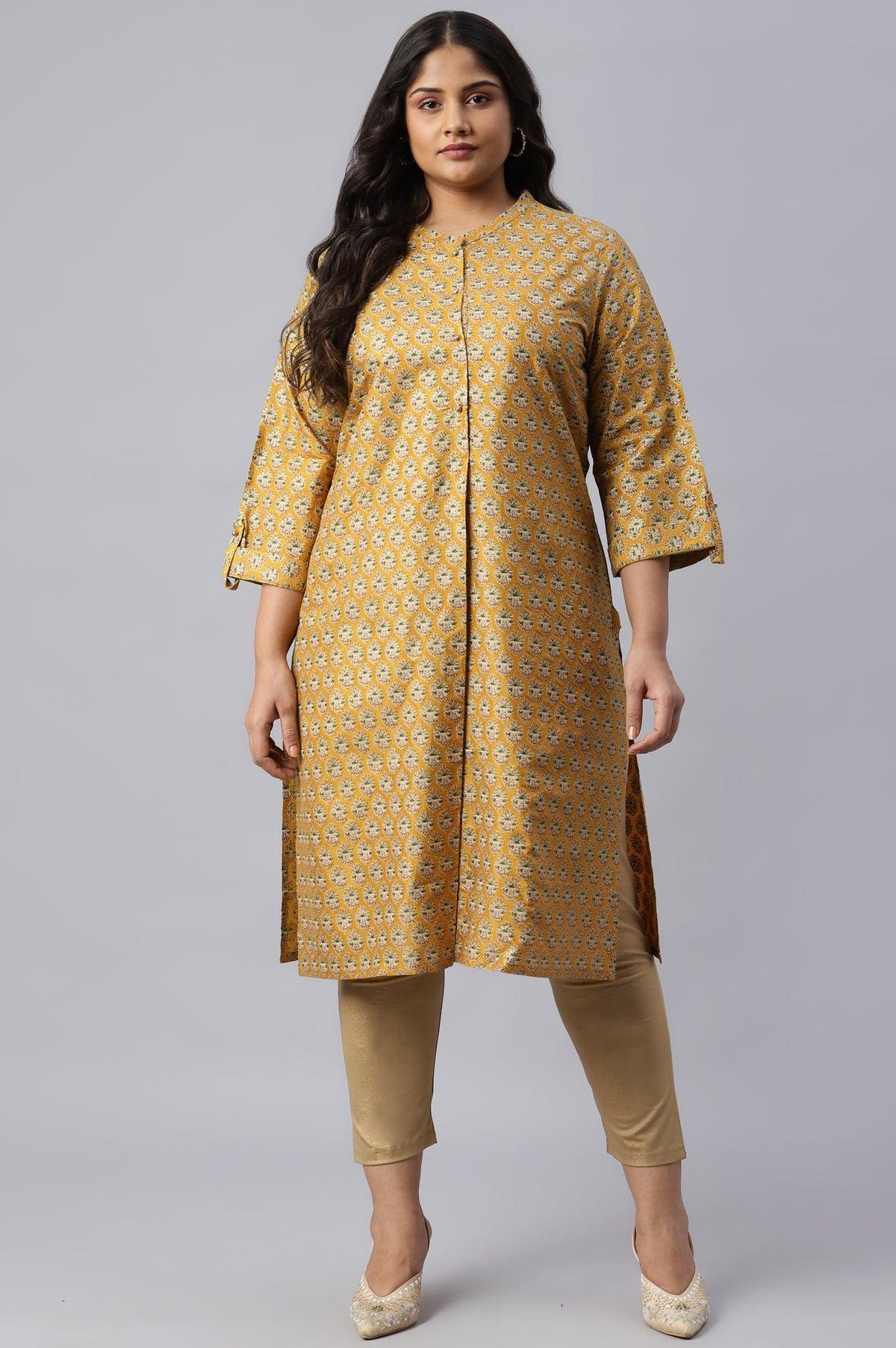 Mustard Glitter Printed Plus Size kurta In Mandarin Collar - XS