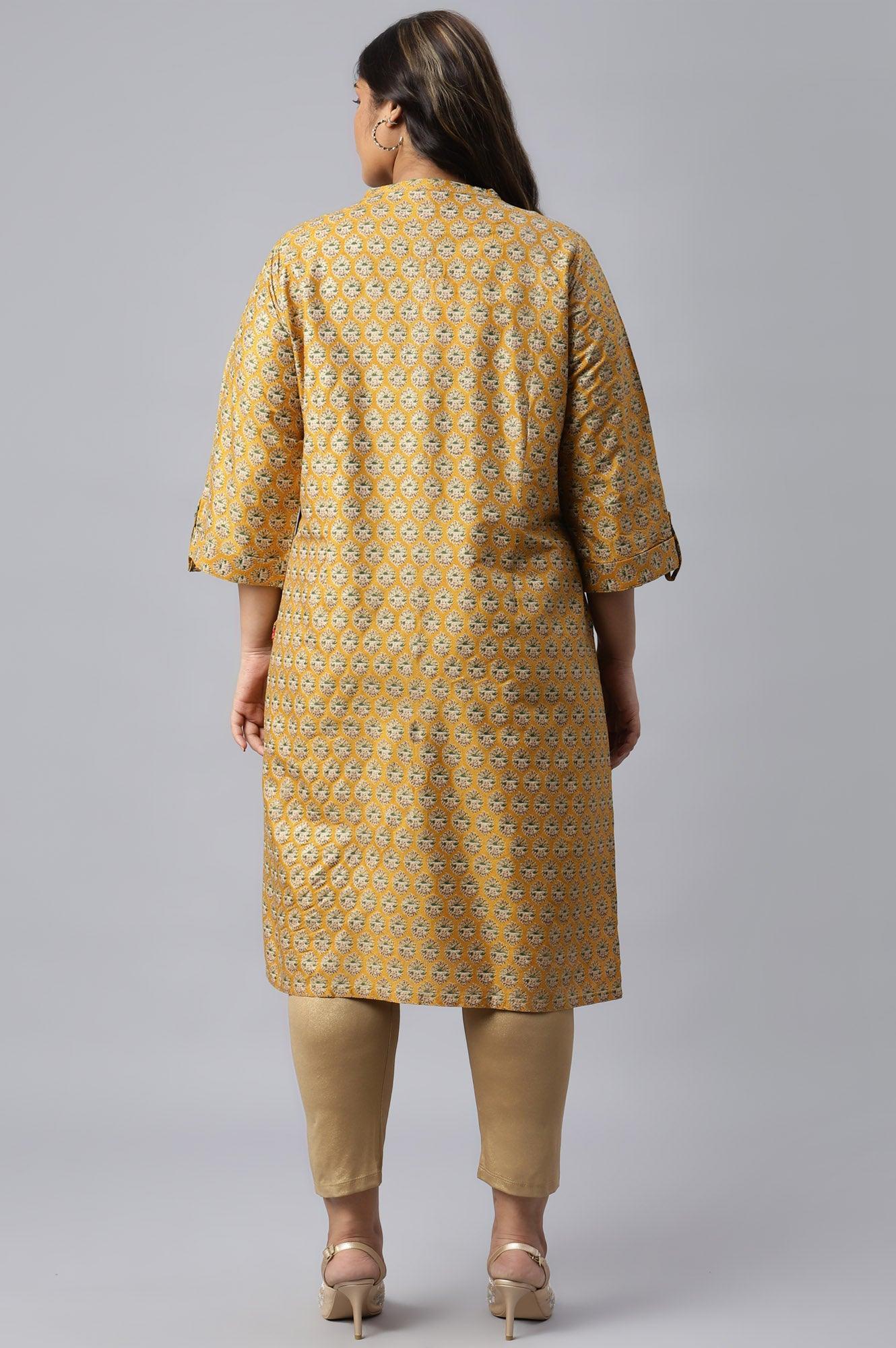 Mustard Glitter Printed Plus Size kurta In Mandarin Collar - wforwoman