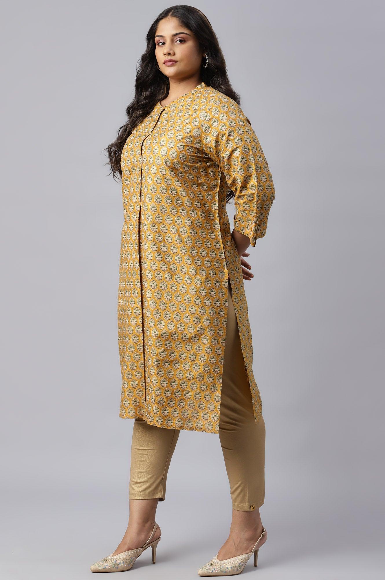 Mustard Glitter Printed Plus Size kurta In Mandarin Collar - wforwoman