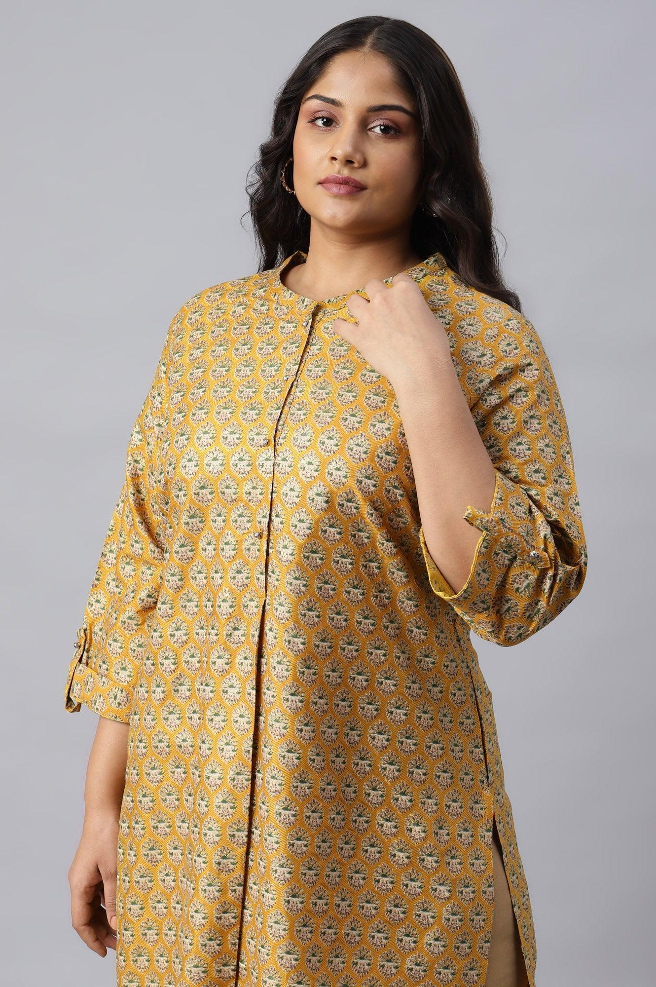 Mustard Glitter Printed Plus Size kurta In Mandarin Collar - wforwoman