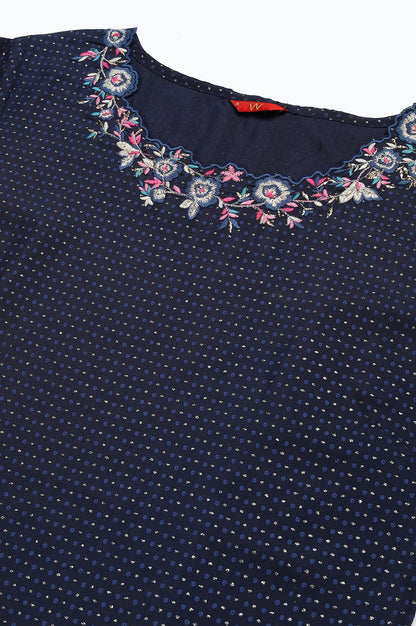 Navy Blue Festive Kurta with Embroidered Neck - wforwoman