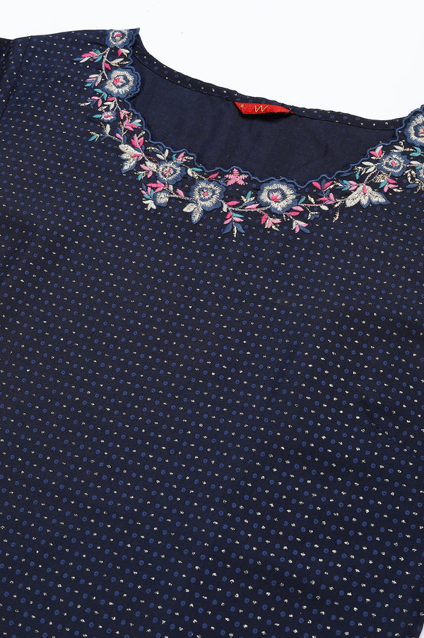 Navy Blue Festive Kurta with Embroidered Neck