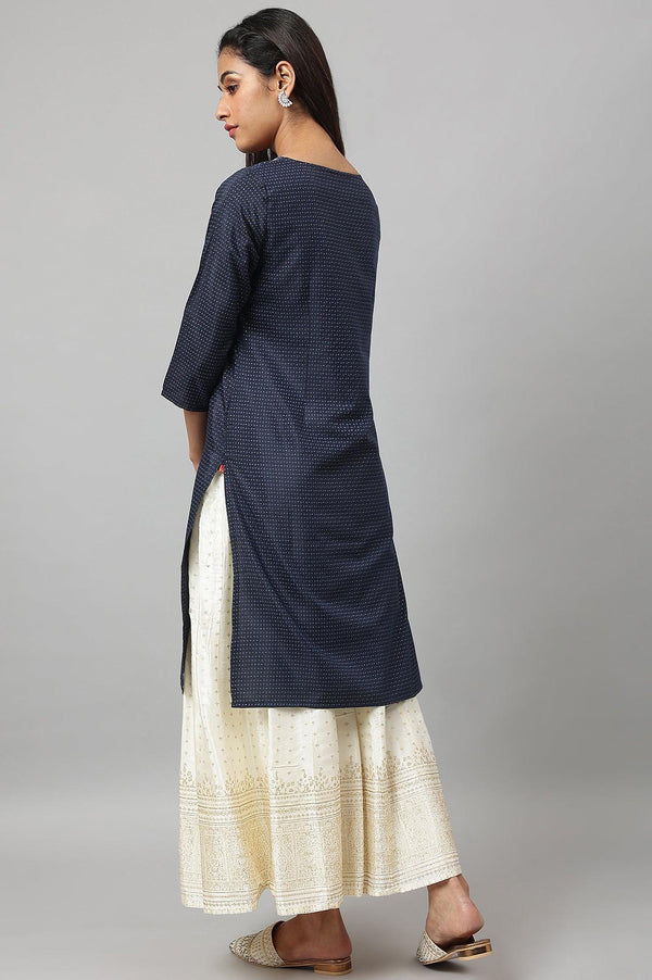 Navy Blue Festive kurta With Embroidered Neck