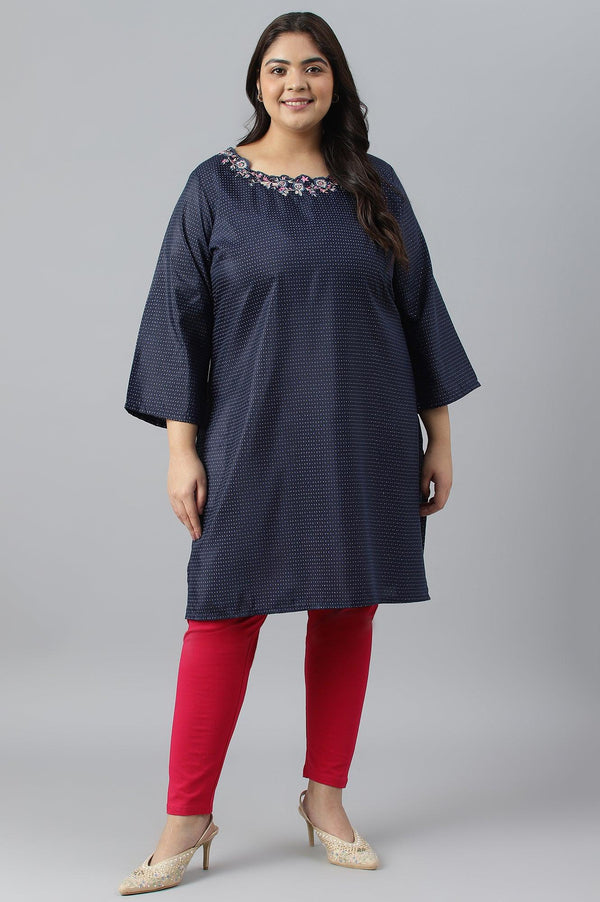 Navy Blue Festive Plus Size kurta With Embroidered Neck