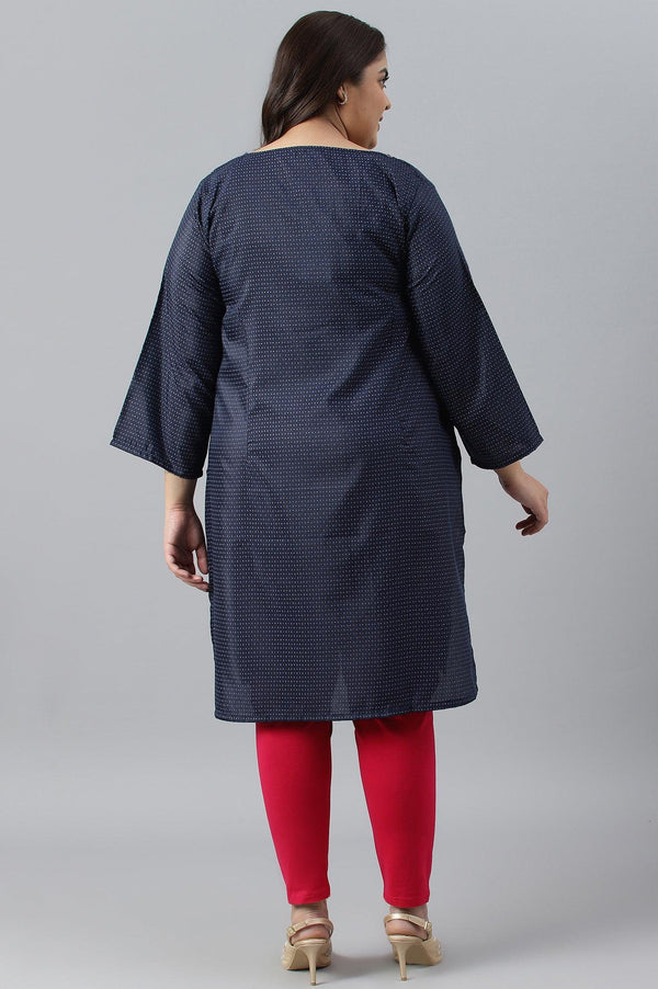 Navy Blue Festive Plus Size kurta With Embroidered Neck