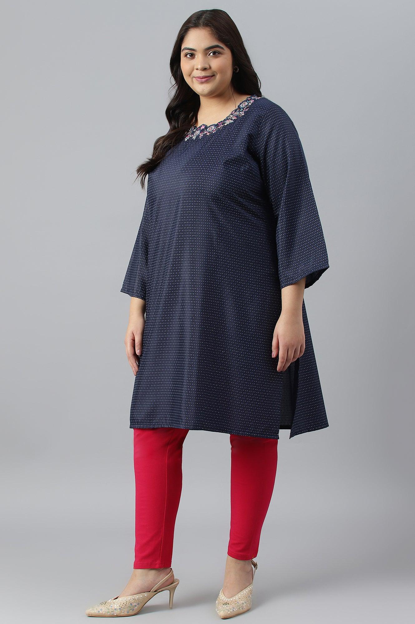 Navy Blue Festive Plus Size kurta With Embroidered Neck - wforwoman