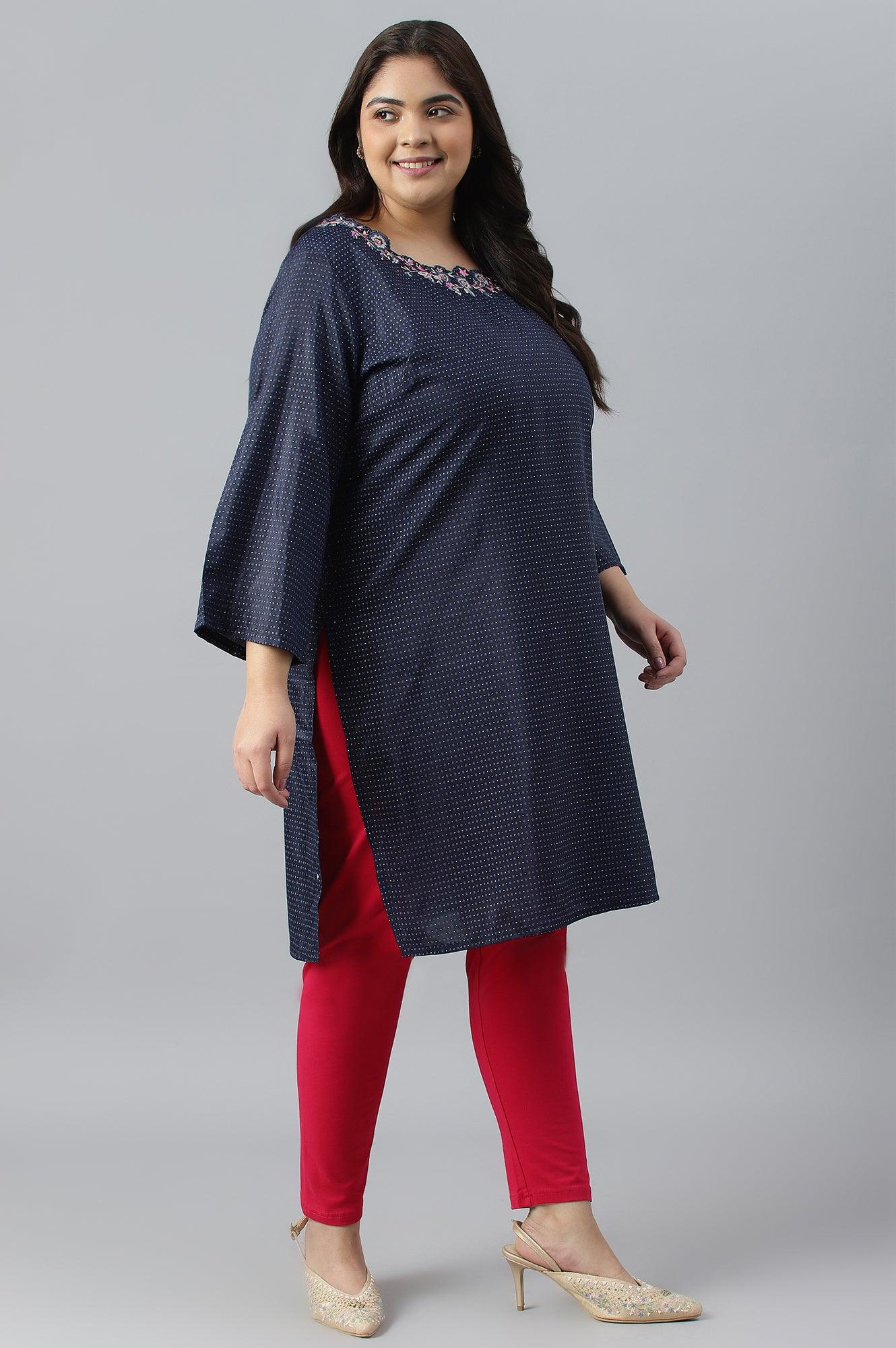 Navy Blue Festive Plus Size kurta With Embroidered Neck - wforwoman