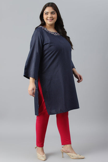 Navy Blue Festive Plus Size kurta With Embroidered Neck - wforwoman