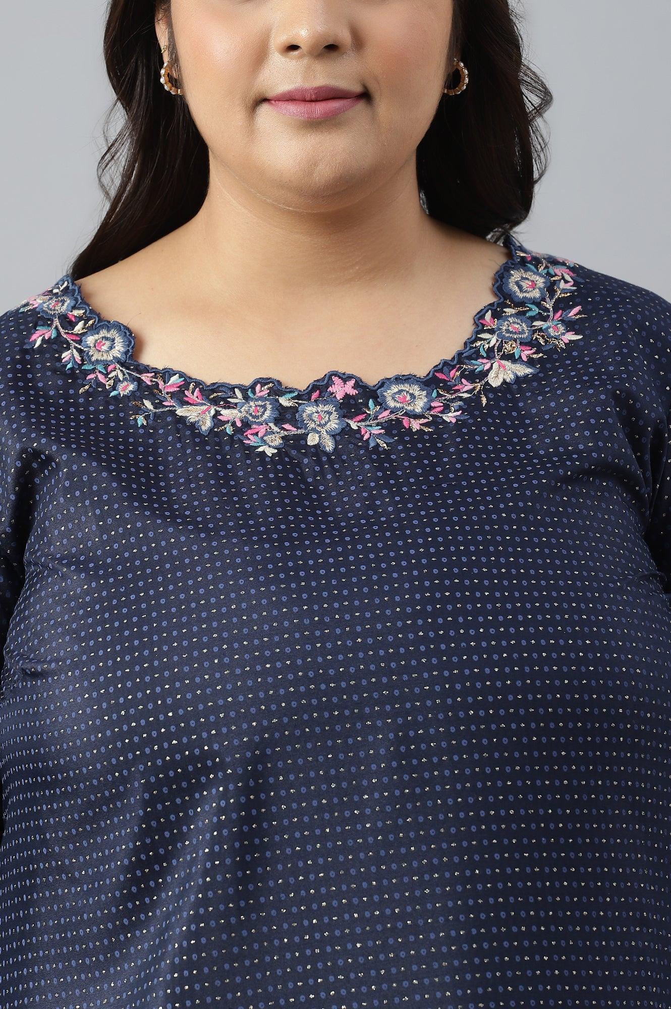 Navy Blue Festive Plus Size kurta With Embroidered Neck - wforwoman