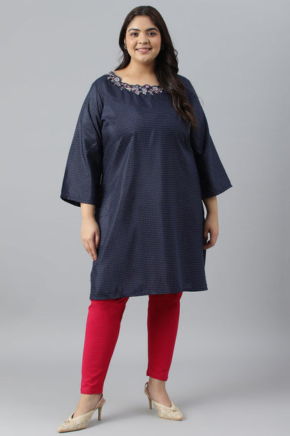 Navy Blue Festive Plus Size kurta With Embroidered Neck - wforwoman