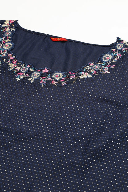 Navy Blue Festive Plus Size kurta With Embroidered Neck - wforwoman