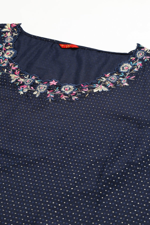 Navy Blue Festive Plus Size kurta With Embroidered Neck