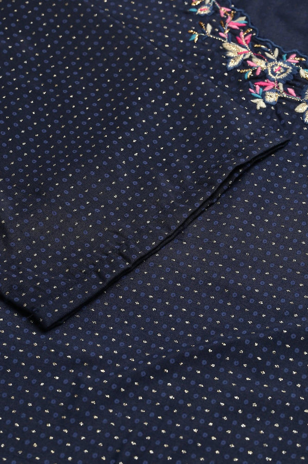 Navy Blue Festive Plus Size kurta With Embroidered Neck