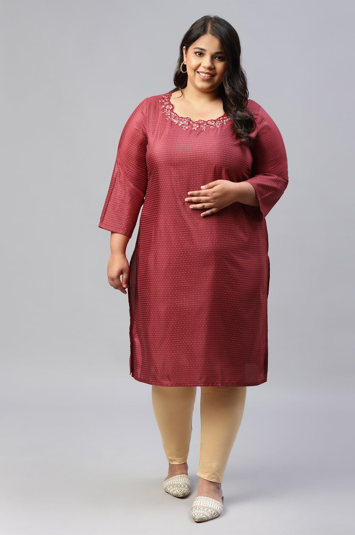 Maroon Festive Plus Size kurta With Embroidered Neck - 20
