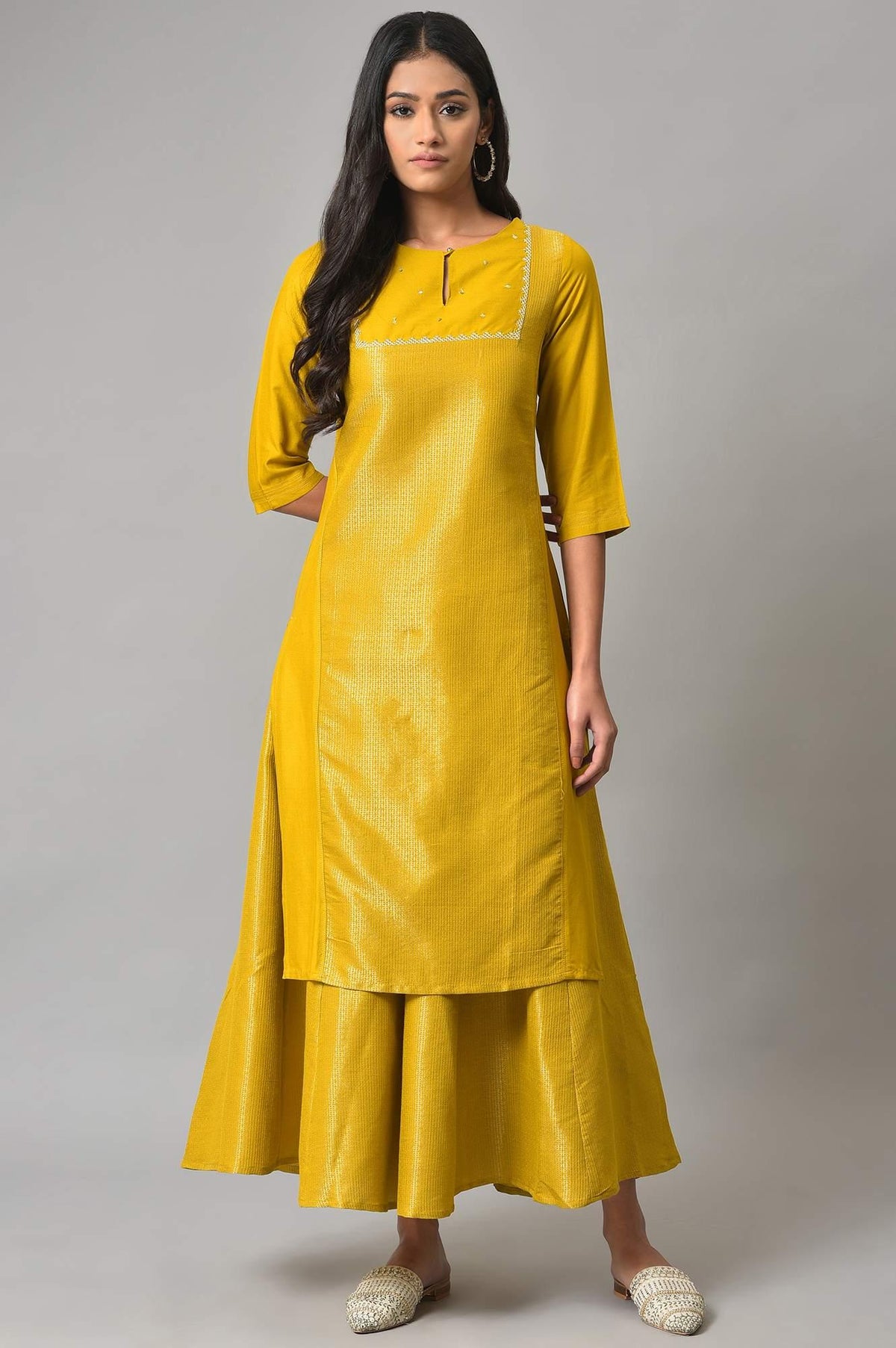Yellow Dobby Festive kurta - XS