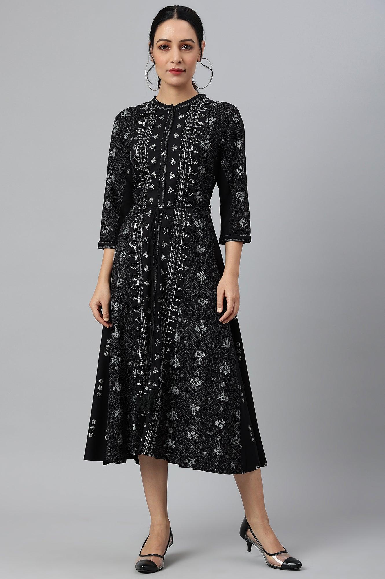 Black Floral Printed Panelled Indie Dress - wforwoman