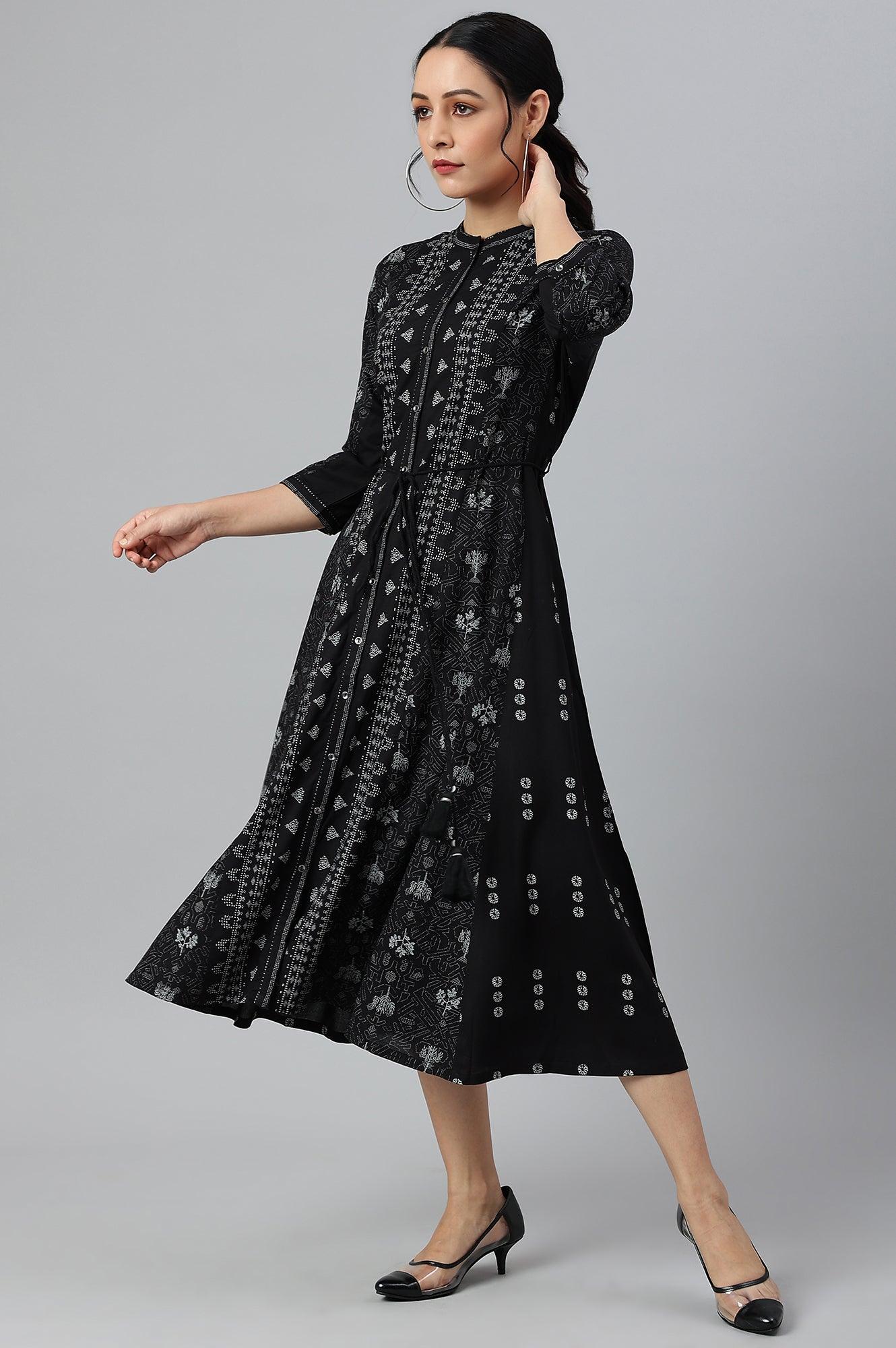 Black Floral Printed Panelled Indie Dress - wforwoman