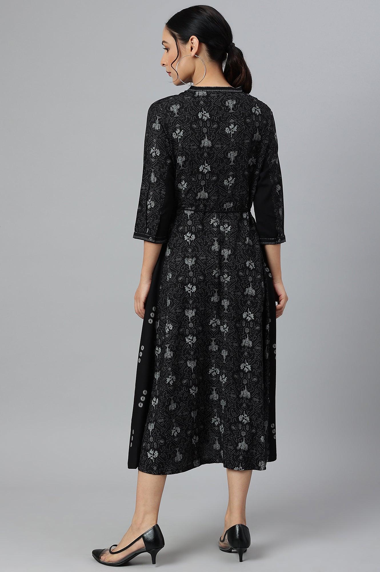 Black Floral Printed Panelled Indie Dress - wforwoman