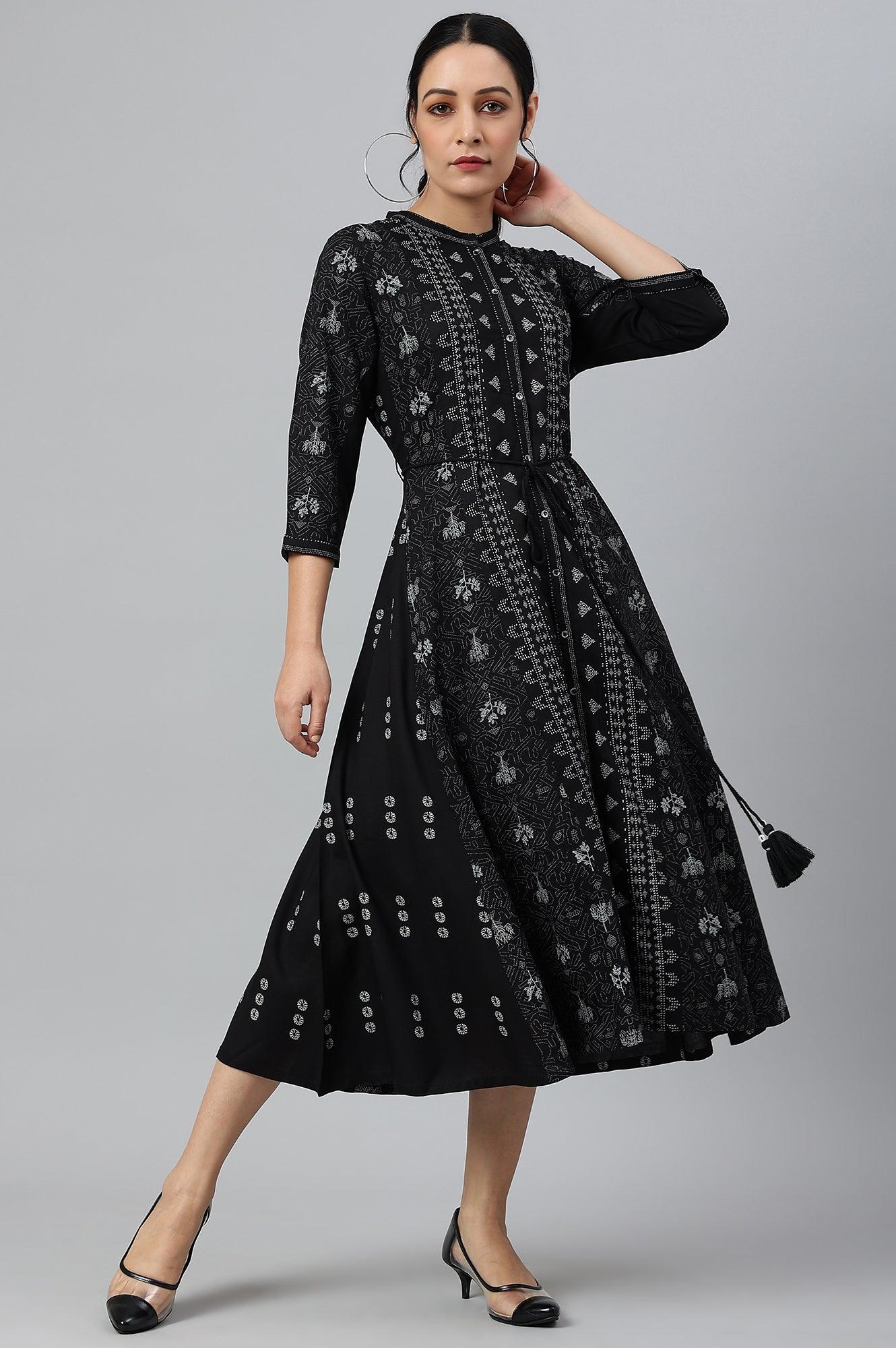 Black Floral Printed Panelled Indie Dress - wforwoman