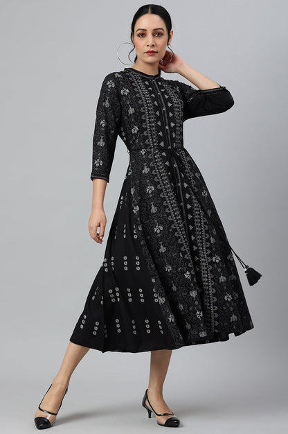 Black Floral Printed Panelled Indie Dress - wforwoman