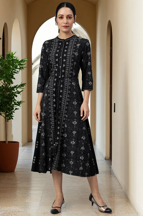 Black Floral Printed Panelled Indie Dress
