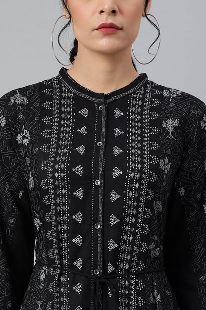Black Floral Printed Panelled Indie Dress - wforwoman
