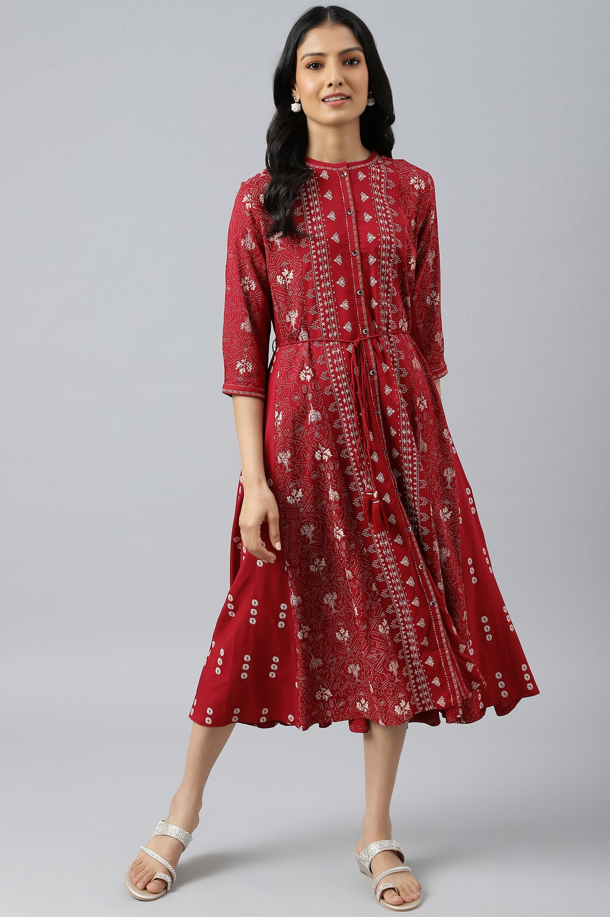 Maroon Floral Printed Panelled Indie Dress - XS