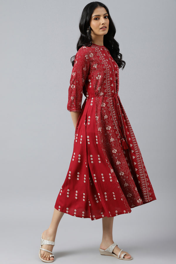 Maroon Floral Printed Panelled Indie Dress