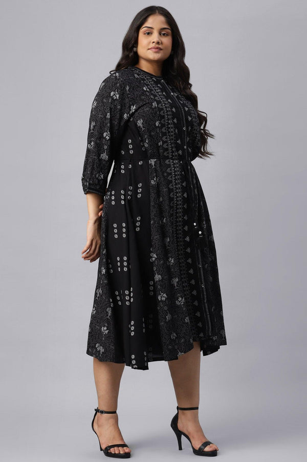 Plus Size Black Floral Printed Panelled Indie Dress