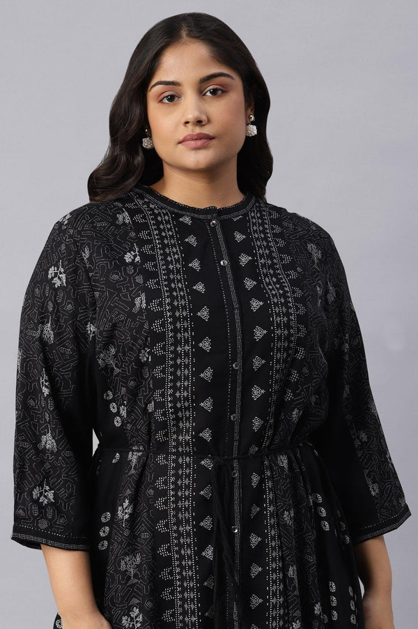 Plus Size Black Floral Printed Panelled Indie Dress