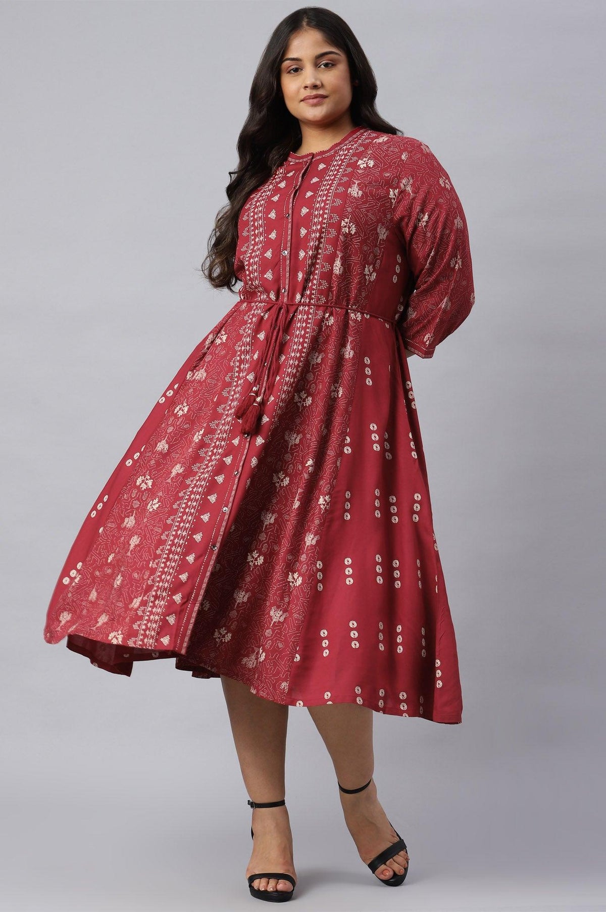 Plus Size Maroon Floral Printed Panelled Indie Dress - 20