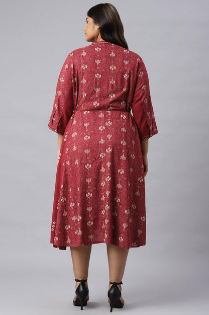 Plus Size Maroon Floral Printed Panelled Indie Dress - wforwoman
