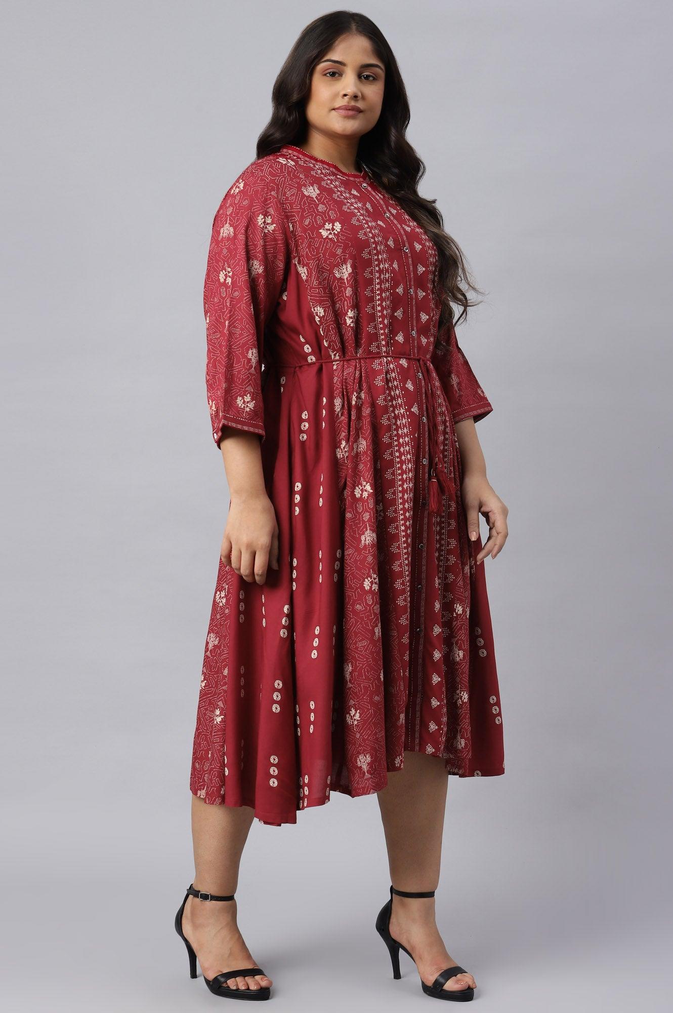 Plus Size Maroon Floral Printed Panelled Indie Dress - wforwoman