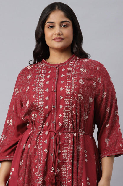 Plus Size Maroon Floral Printed Panelled Indie Dress - wforwoman