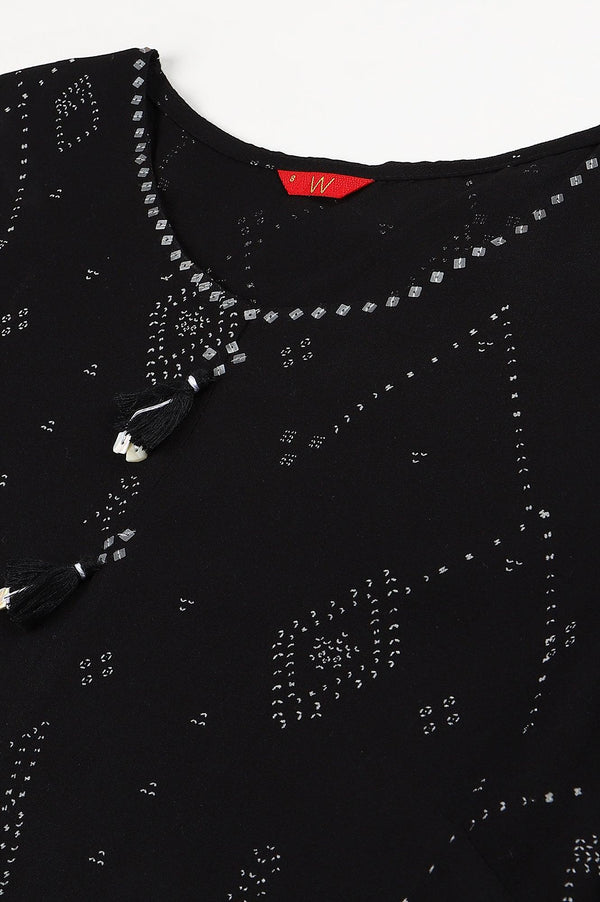 Black Printed A-Line kurta With Cowl Hemline