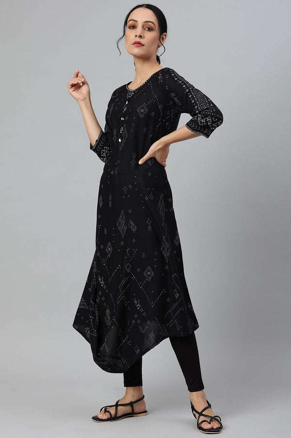 Black Printed A-Line kurta With Cowl Hemline