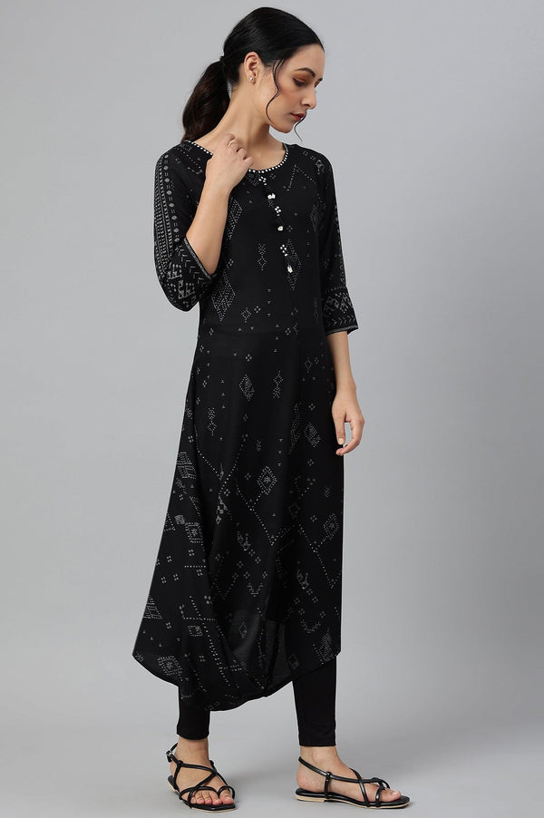 Black Printed A-Line kurta With Cowl Hemline